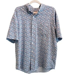 Huk Fishing Size L Kona Short Sleeve Button Down Shirt Boat Drinks‎ Pattern Blue